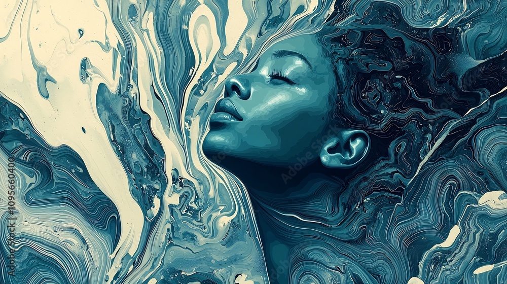 Poster a peaceful woman with a serene expression looks upward surrounded by soft flowing teal and blue abst