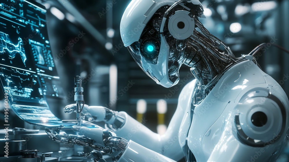 Poster Futuristic robot analyzing data on a digital screen.