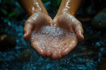 Close-up of hands washing with water in the park showcasing eco-awareness
