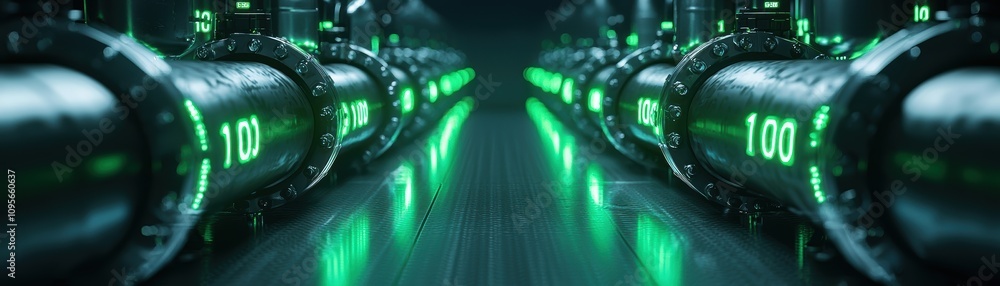 Poster illuminating a dark metallic devops pipeline with green light in a futuristic environment for enhanc