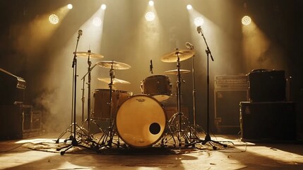 Fototapeta premium A set of orchestral drums placed on a concert stage highlighted by dramatic spotlights that accentuate their metallic edges and rich textures