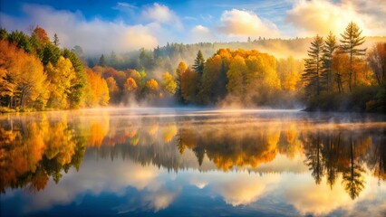 Obraz premium Serene Autumn Dawn Misty Lake Reflecting Golden Trees