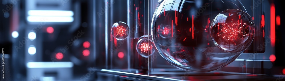 Poster exploring the quantum frontier scientists manipulating matter in a futuristic lab environment