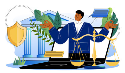 Professional lawyer online. Man on laptop screen near judges scales. Legal advisor and consultant on internet. Jurisprudence and judgement. Flat vector illustration