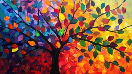 abstract painting of a colorful tree and leaves