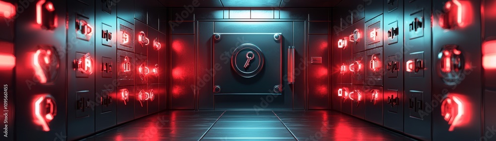 Poster securing your digital future a vault surrounded by glowing locks in a high-tech environment