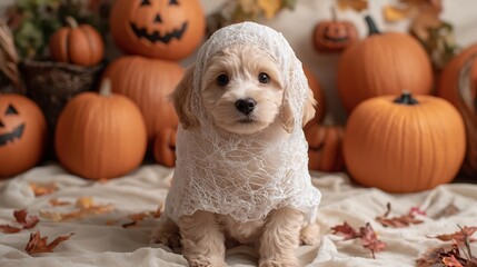 Adorable fluffy poodle puppy wearing a spooky ghost costume sitting on a background filled with vibrant orange pumpkins and autumn foliage  The puppy has a playful mischievous expression