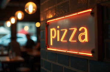 neon glowing sign with letters pizza