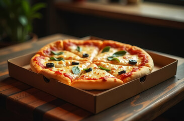 big tasty pizza in an open box lies on a wooden table