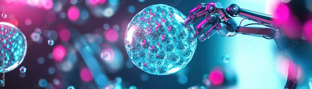 Poster quantum particles encasing ai robotic arm in a futuristic laboratory environment with cloud dynamics