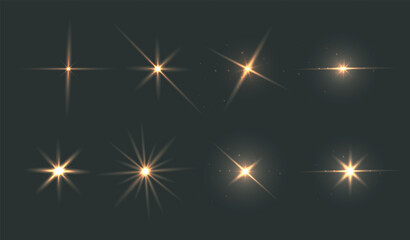 Realistic burst lights set. Sunburst effects and glares. Jewelry and sunbeam, magic crystal reflection. Fantasy and mystic shiny. 3D vector collection