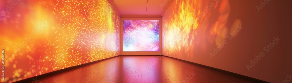 Poster quantum light particles creating ai-generated art in an immersive gallery space showcasing the inter