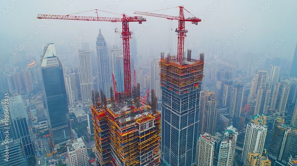 Aufkleber aerial view of a modern large scale skyscraper construction site with numerous cranes scaffolding an