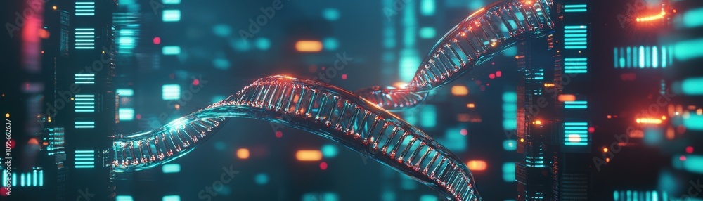 Poster visualizing genetic editing sequences with quantum-enhanced ai technology in a futuristic digital en