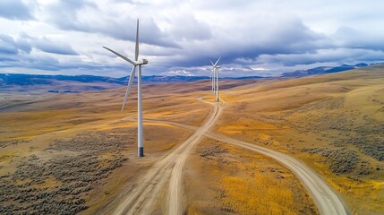 Aerial view of wind turbines in a vast rural landscape showcasing the advancement of renewable energy technology and its into natural environments for a sustainable future