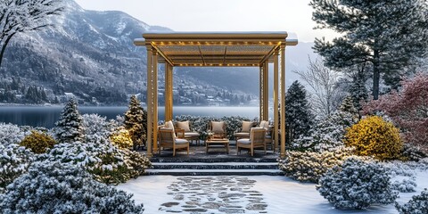 dark yellow and gold elegant gazebo terrace with luxury traditional wooden chairs elegant paving stones and different flowers on winter mountain 