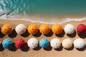 aerial view of colorful umbrellas arranged in a row on the beach,.
