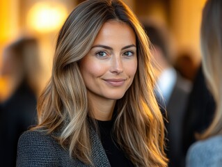 Obraz premium Portrait of a Confident Young Woman with Long Hair Smiling in an Elegant Setting, Exuding Beauty and Charm, Captured in Natural Light During a Social Gathering