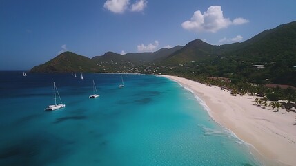 Captivating aerial drone shot showcasing the breathtaking beauty of a picturesque tropical beach with crystal clear turquoise waters and powdery white sands