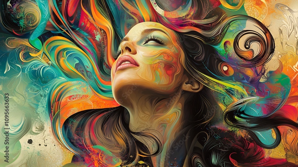 Poster captivating digital painting featuring a dynamic woman gazing upward surrounded by vibrant multicolo