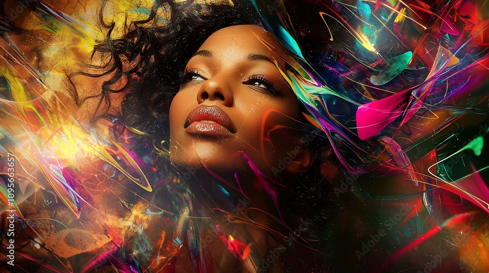 Poster captivating digital painting showcasing a bold and powerful female figure looking upwards her face a