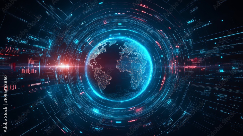 Aufkleber futuristic digital globe surrounded by glowing circles and data streams.