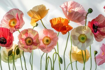 Obraz premium Beautiful colorful poppy flowers in various shades, gently swaying against a soft white background, creating a serene and tranquil atmosphere.