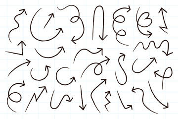 Hand drawn arrow doodle element collection, multi-directional directional arrows
