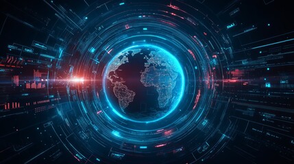 Futuristic digital globe surrounded by glowing circles and data streams.
