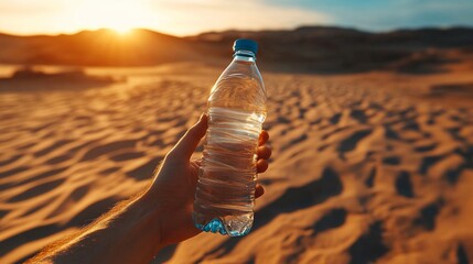 Hand holding water bottle in desert sunset.