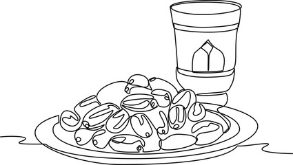 Dates and Water for Iftar One Line Art Vector