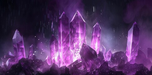 Purple crystals, mystical formations, glowing gems, dark background Beautiful arrangement of vibrant purple crystals with a glowing aura, set against a dramatic dark backdrop