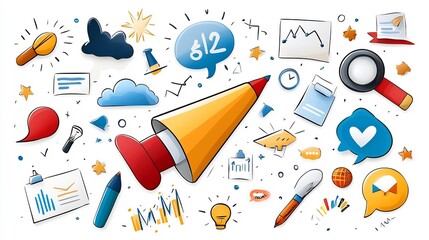 Clean black outline set of digital marketing icons illustrating project planning productivity management strategies and achieving business goals  Infographic elements including graphs charts