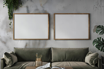A modern living room featuring a green sofa, natural decor, and two empty frames ready for artwork.