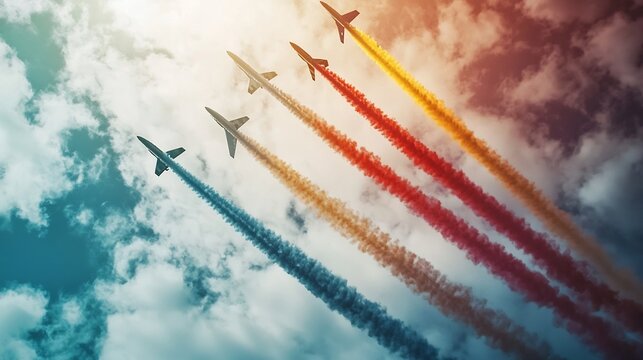 Colorful Aerial Acrobatics of Jet Planes in Dynamic Sky Formation   Breathtaking display of high speed aerobatic maneuvers with colorful smoke trails against a bright cloudy backdrop - Powered by Adobe