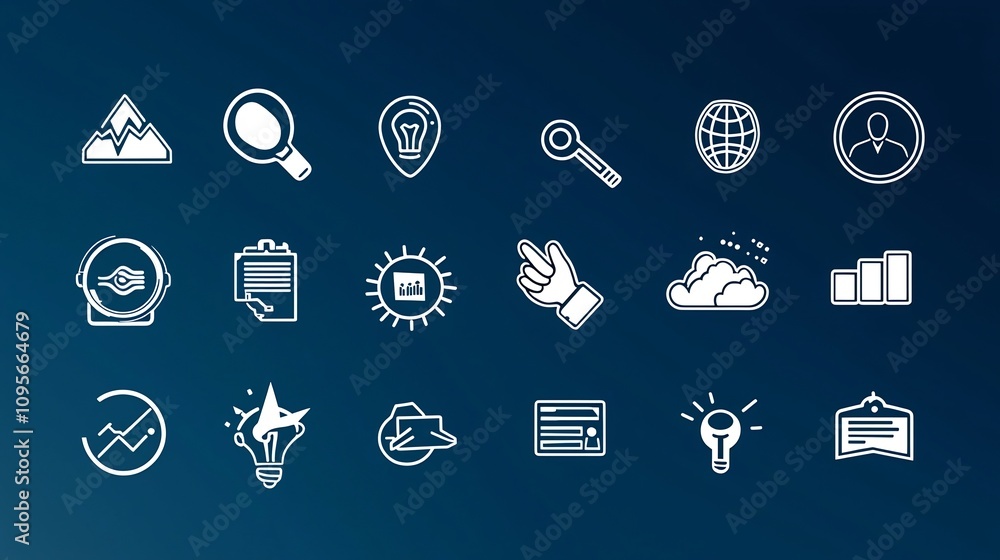 Poster comprehensive black outline set of 15 digital marketing icons showcasing key elements such as manage