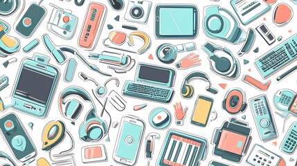 Comprehensive collection of technology themed stickers featuring a variety of modern gadgets and devices like smartphones headphones keyboards and other digital tools in a sleek