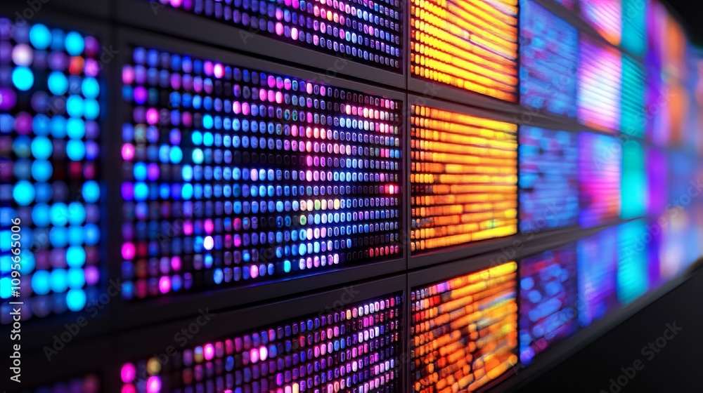 Poster colorful led display with vibrant pixel patterns.