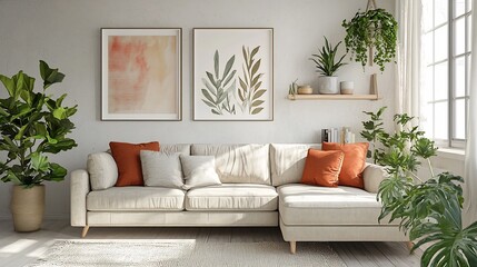 Cozy and bright living room decor with a comfortable sofa lush plants and beautiful wall art creating a serene and inviting atmosphere