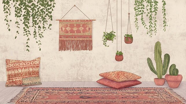 Cozy and inviting bohemian style home decor featuring a of a living room with textured rugs  patterned pillows  and hanging plants creating a natural  earthy  and relaxing atmosphere