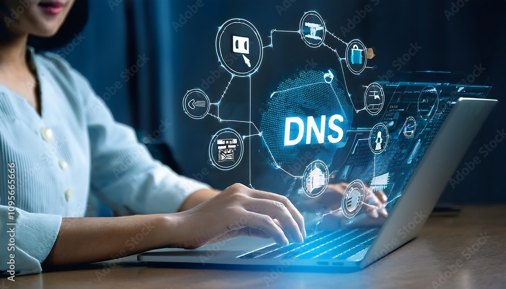Poster human hand using laptop with dns domain name icon displayed in holographic form.