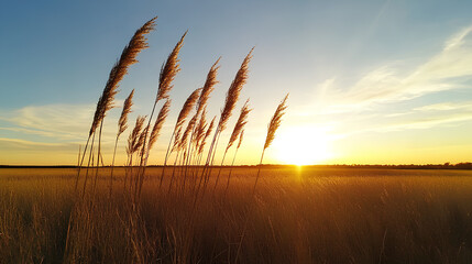 Panoramic Countryside Landscape with Blooming Wild Grass at Sunset