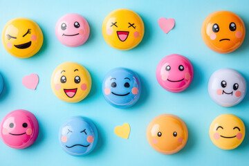 Obraz premium Colorful smiley face candies on blue background.