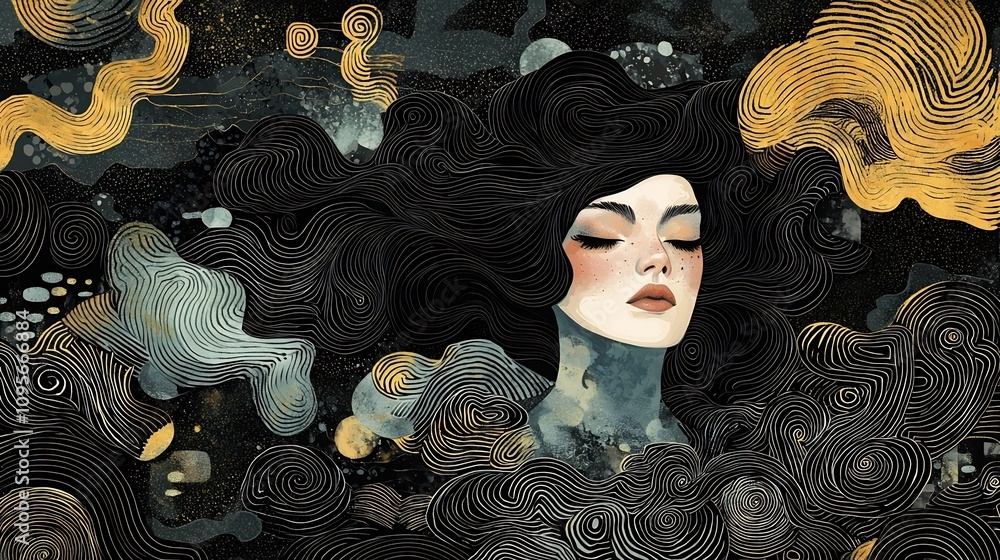 Poster ethereal enigma mysterious woman with dramatic hair framed by moody black and dark gray abstract pat