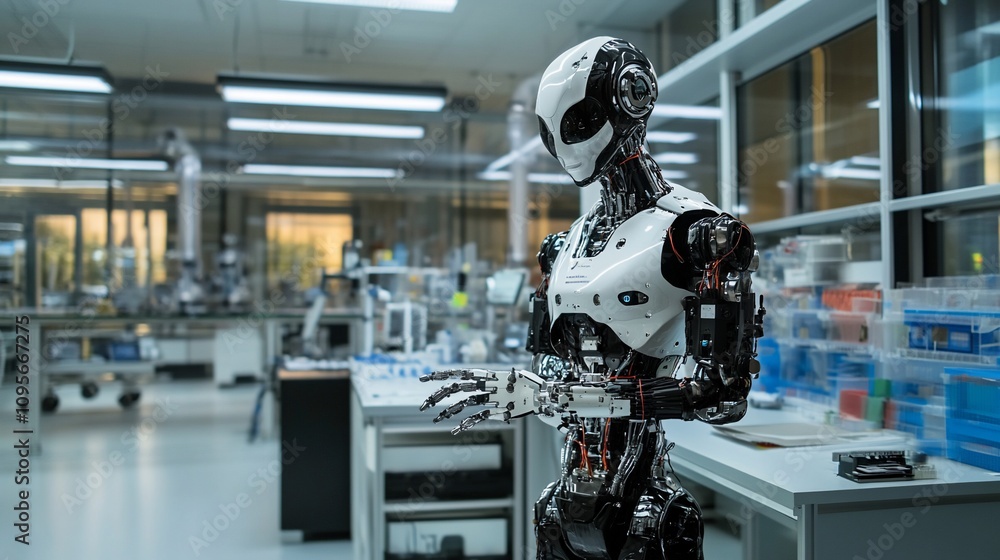 Poster advanced humanoid robot in a modern laboratory.