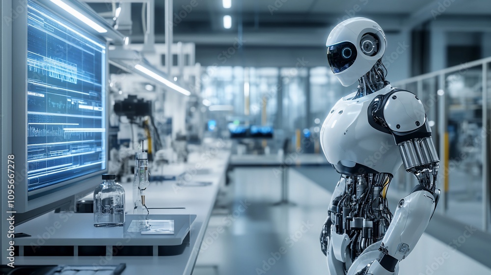 Poster Advanced robot in a modern factory analyzing data on a computer screen.