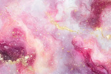 Obraz premium Mystical pink and gold cosmic nebula background with soft swirling clouds and shimmer 