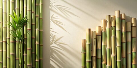Serene bamboo stalks and tropical plant against a beige backdrop, illuminated by sunlight casting leaf shadows.