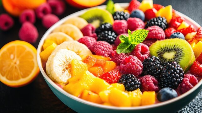 A vibrant bowl of mixed fruits featuring bananas, raspberries, blackberries, kiwi, and mango, garnished with mint leaves, perfect for a healthy snack. - Powered by Adobe