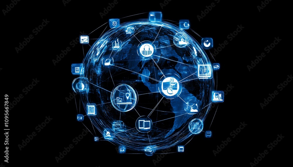 Aufkleber a digital globe interconnected with various technology and data icons.